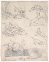 KT 2009 028-359
<br/>
Dierstudie van verschillende marterachtigen.
<br/>
<em>Trigt, Stephanus Hendrik Willem van (1790-1840)</em>